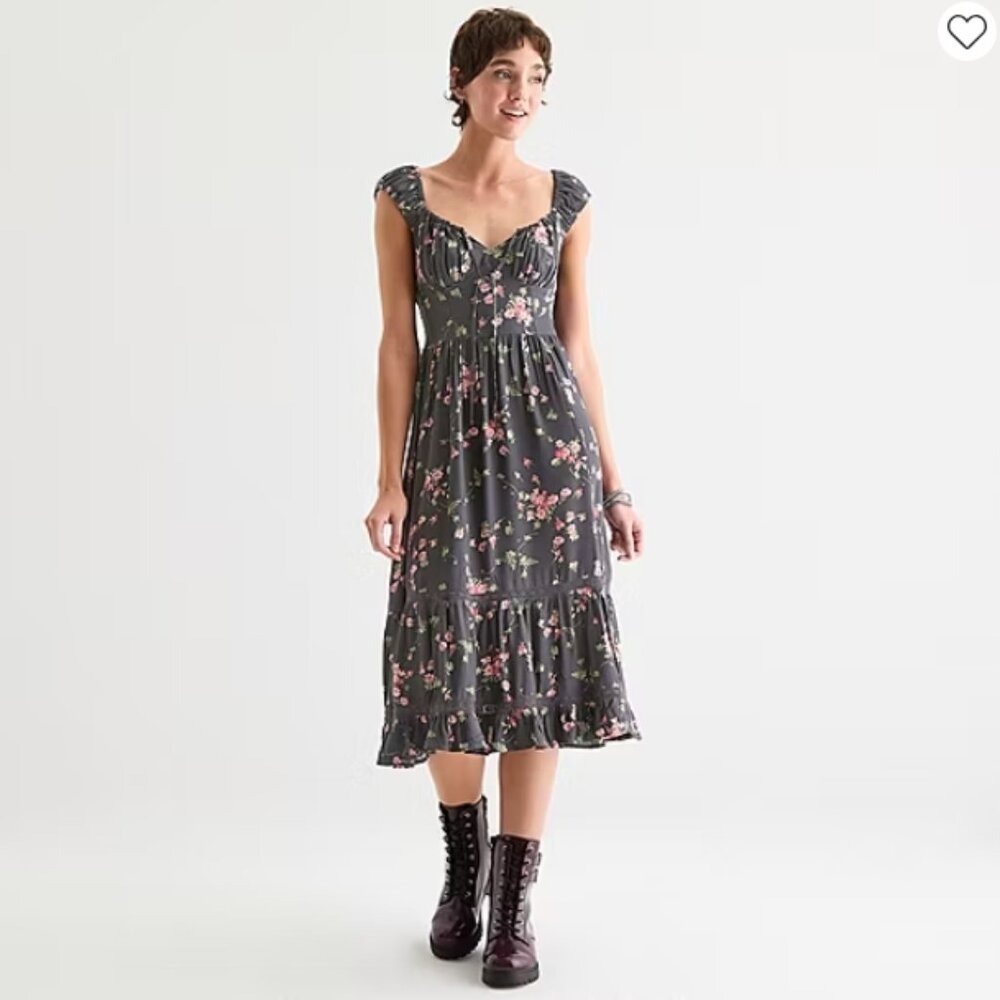 Gray Toss Daisy Floral Midi Peasant Dress